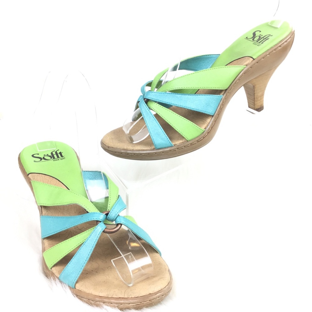 Sofft Leather Sandal Slides Blue Green 4 inch Heel